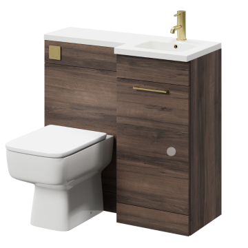 Napoli Combination Walnut 900mm Right Hand L Shaped 1 Door with Brushed Brass Handle Vanity Unit Toilet Suite